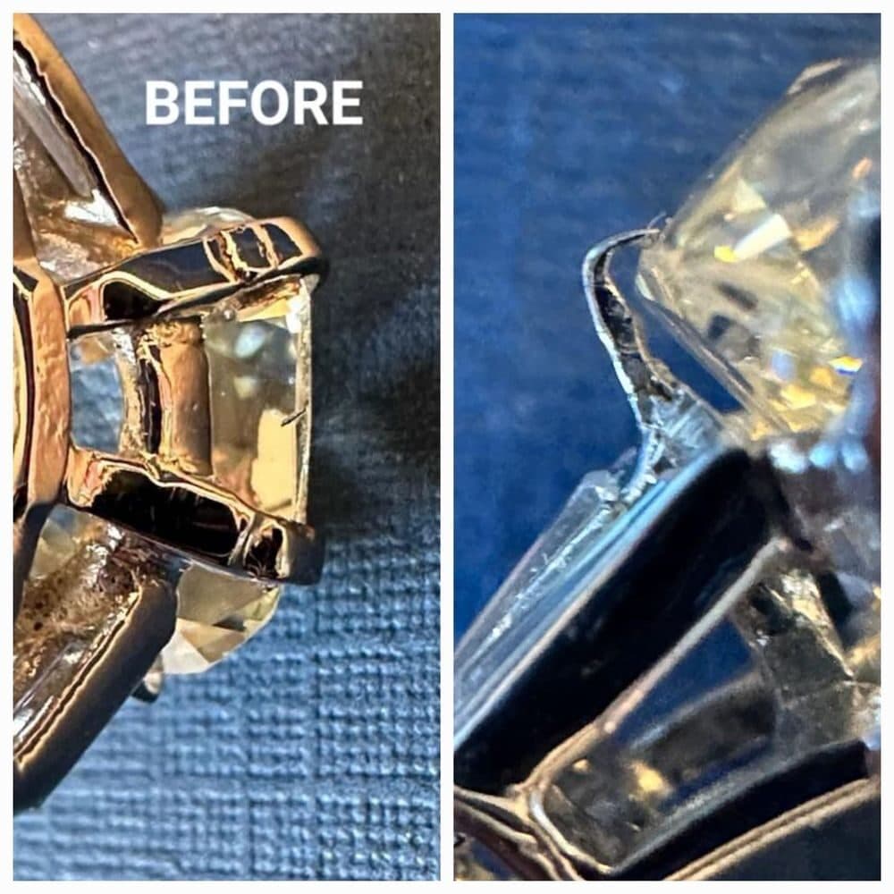 A failing prong on a diamond ring before reconstruction