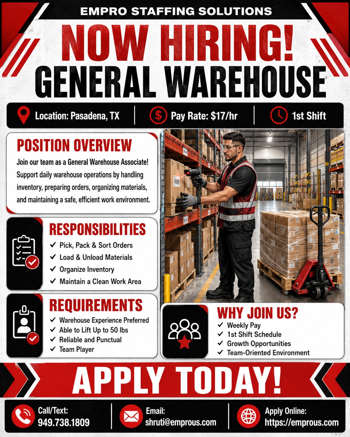 General Warehouse Associate recruiting flyer — Pasadena, TX